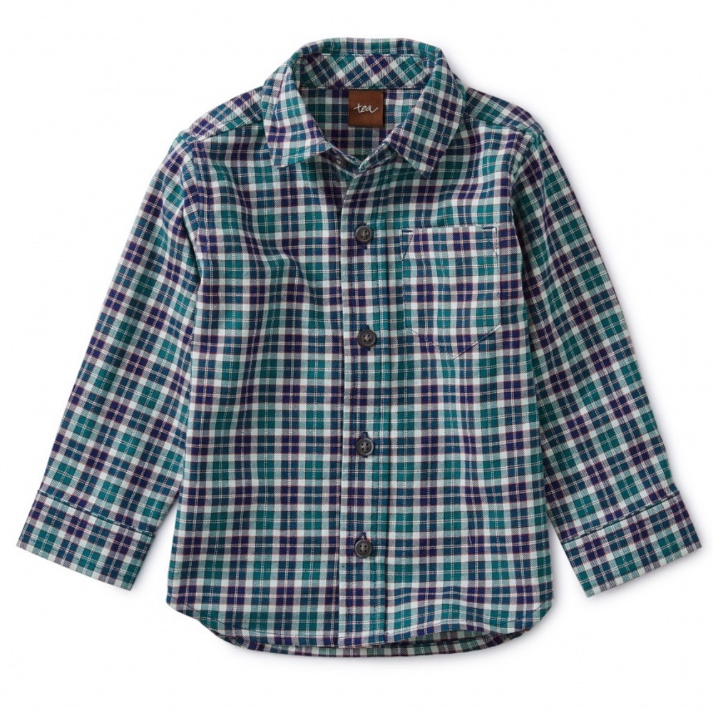 Tea Collection Little Boys Button Down Shirt Long Sleeve Plaid Blue Green Sz 4